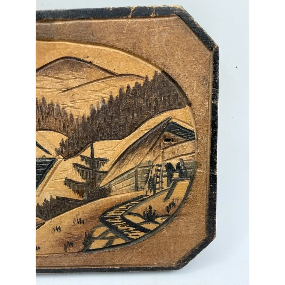 Wood Carved Mountain Village Scene Wall Plaque